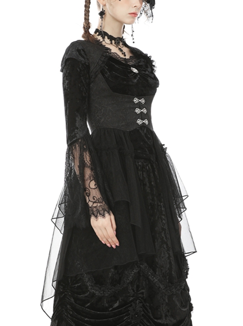 Gothic Style Retro Palace Metal Buckle Layered Mesh Hem Elegant Black Sleeveless Fishtail Corset Overwear