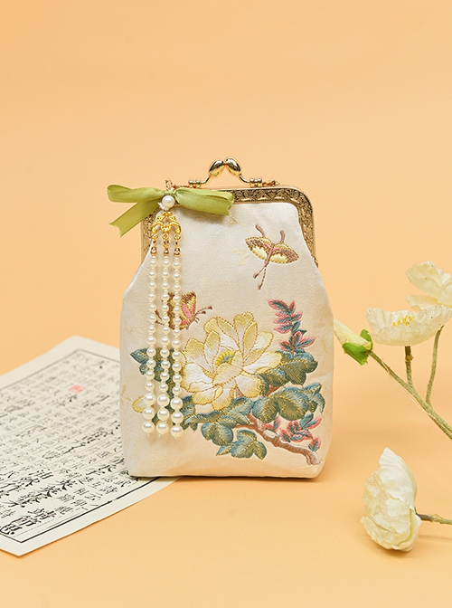 New Chinese Style Exquisite Yellow Peony Butterfly Hanfu Lolita Cheongsam Embroidery Crossbody Pearl Chain Mobile Phone Bag