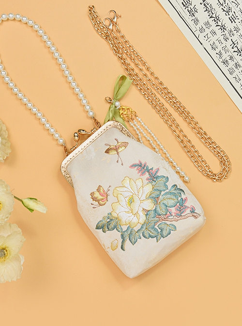 New Chinese Style Exquisite Yellow Peony Butterfly Hanfu Lolita Cheongsam Embroidery Crossbody Pearl Chain Mobile Phone Bag