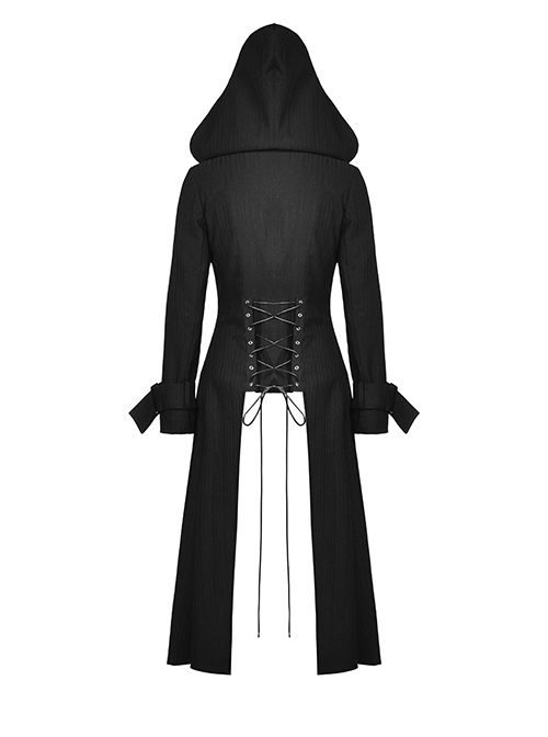 Punk Style Rebellious Leather Drawstring Metal Spike Zip Asymmetric Black Long Sleeves Hooded Long Coat