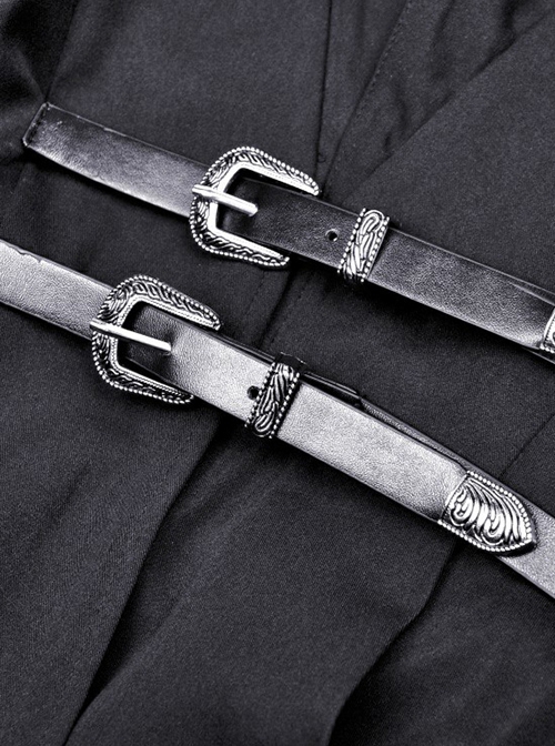 Punk Style Cool Samurai Leather Belt Metal Buckle Hooded Extra Long Coat Cloak