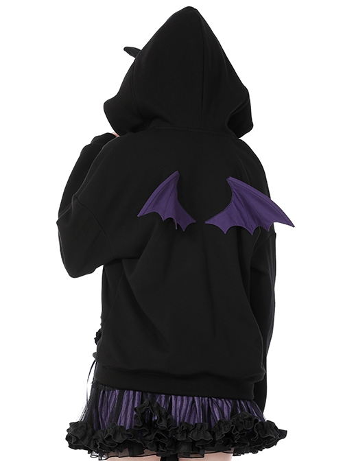 Punk Element Style Unique Cat Ear Design Bat Wings On The Back Purple Love Ruffles Black Long Sleeves Jacket