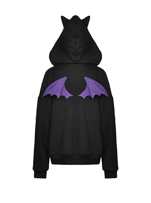 Punk Element Style Unique Cat Ear Design Bat Wings On The Back Purple Love Ruffles Black Long Sleeves Jacket