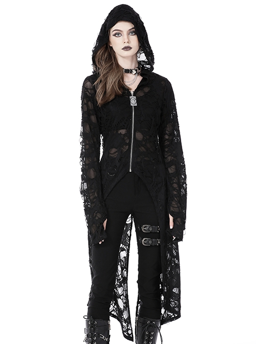 Punk Style Decadent Hole Personality Metal Bull Head Zip Black Long Sleeves Casual Hooded Jacket