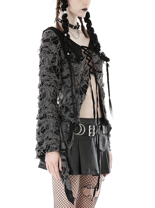 Gothic Style Personalized Lapel Decadent Tattered Braided Black And Gray Trumpet Sleeves Sexy Cardigan
