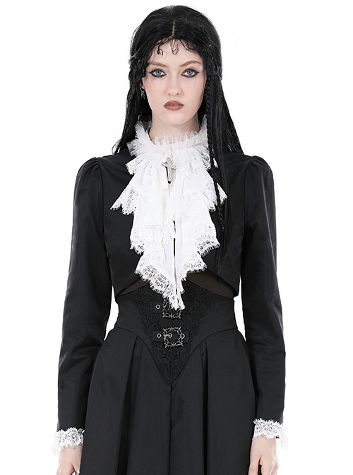 Gothic Style Retro Gorgeous White Ruffle Bow Tie Cross Decoration Elegant Black Long Sleeves Short Coat