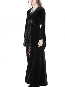 Gothic Style Gorgeous Velvet Exquisite Metal Buckle Noble Black Long Trumpet Sleeves Hooded Long Coat