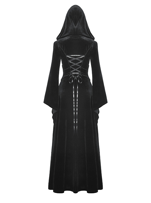 Gothic Style Gorgeous Velvet Exquisite Metal Buckle Noble Black Long Trumpet Sleeves Hooded Long Coat