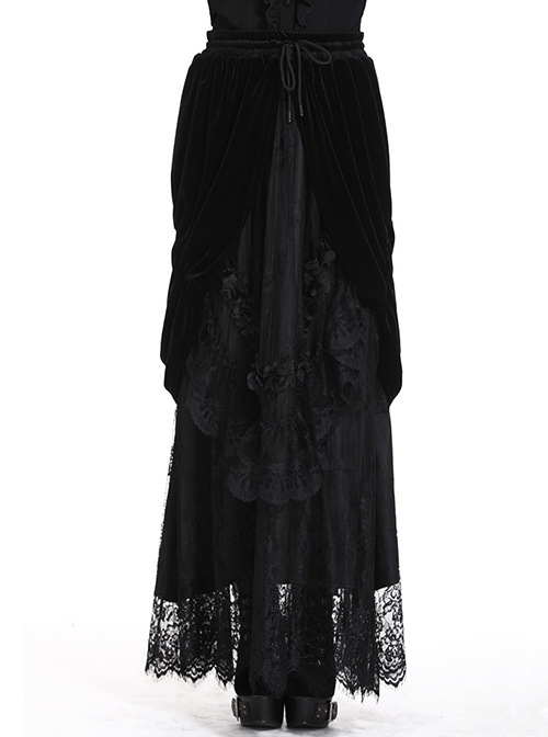 Gothic Style Black Wavy Velvet Exquisite Embroidered Lace Three Dimensional Flower Maxi Skirt