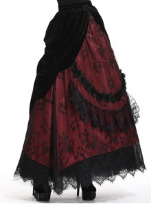 Gothic Style Luxury Velvet Exquisite Lace Three Dimensional Flower Black And Red Maxi Skirt
