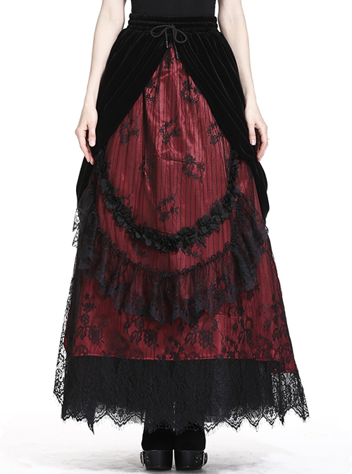Gothic Style Luxury Velvet Exquisite Lace Three Dimensional Flower Black And Red Maxi Skirt