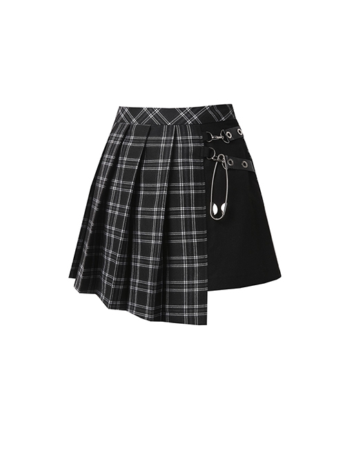 Punk Style Pleated Plaid Splicing Irregular Hem Metal Pin Decoration Personalized Black Skirt