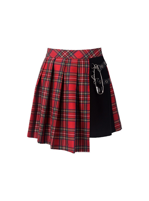 Punk Style Oversized Metal Pin Decorated Asymmetric Hem Red Plaid Patchwork Pleated Plaid Skirt