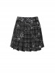 Punk Style Personalized Star Embroidered Leather Belt Metal Chain Embellished Black Plaid Pleated Skirt
