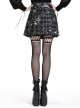 Punk Style Personalized Star Embroidered Leather Belt Metal Chain Embellished Black Plaid Pleated Skirt