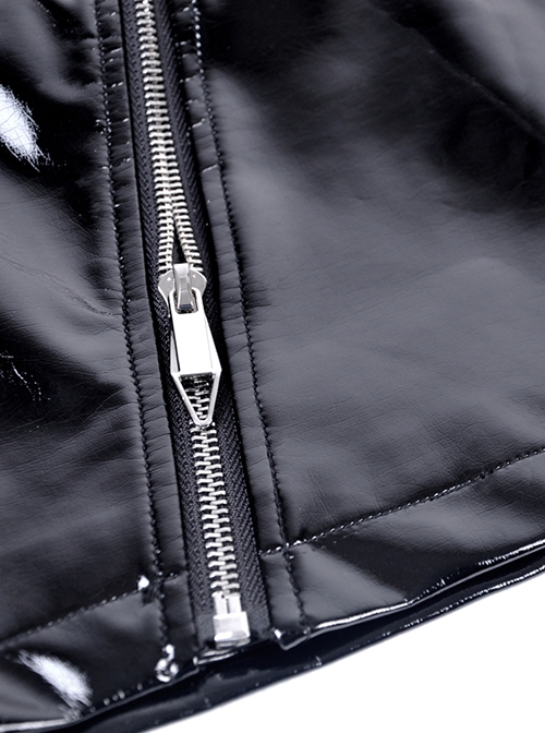 Punk Style Reflective PU Leather Rock Metal Ring Decoration Unique Diagonal Zip Design Sexy Black Skirt