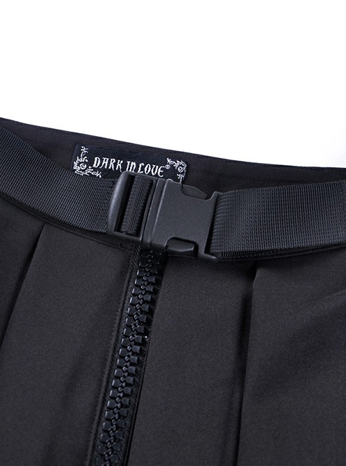 Punk Style Motorcycle Like Buckle Design With Waist Bag Side Zip Daily Casual Black Pleated Skirt