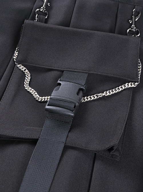 Punk Style Motorcycle Like Buckle Design With Waist Bag Side Zip Daily Casual Black Pleated Skirt