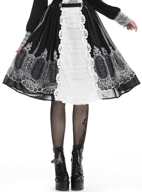 Gothic Style Unique Retro Print Stitching White Lace Elegant Black And White Skirt
