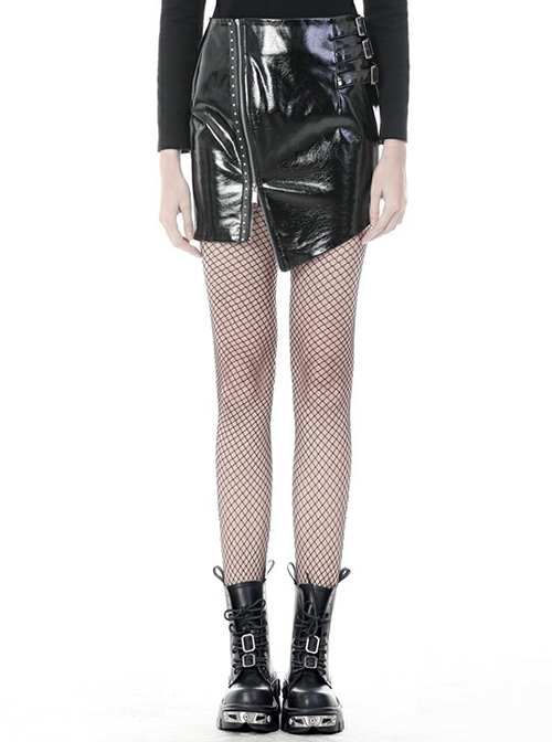 Punk Style Cool Metal Rivets Asymmetric Hem Design Reflective PU Leather Sexy Black Tight Skirt