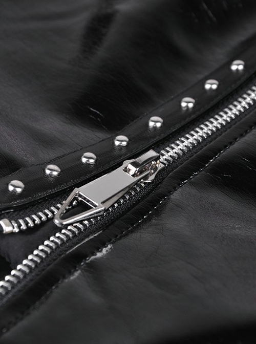 Punk Style Cool Metal Rivets Asymmetric Hem Design Reflective PU Leather Sexy Black Tight Skirt
