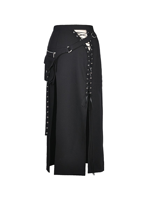 Punk Style Sexy Slit Hollow Leather Straps Asymmetrical Design With Waist Bag Black Long Skirt