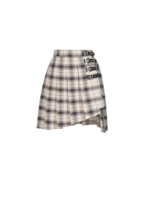 Punk-Style Side Leather Straps With Metal Buckles Asymmetrical Hem Beige Plaid Pleated Skirt