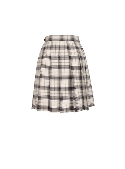 Punk-Style Side Leather Straps With Metal Buckles Asymmetrical Hem Beige Plaid Pleated Skirt