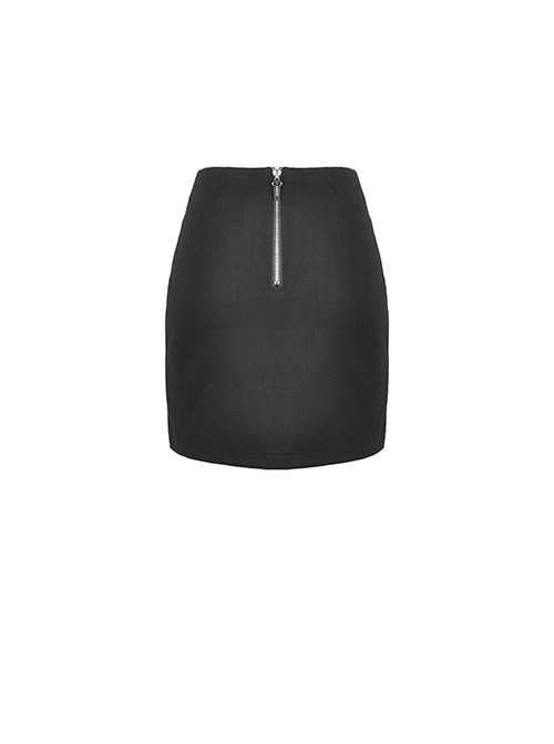 Punk Style Cool Metal Eyelet Cross Strap Asymmetric Design On The Side Sexy Black Tight Mini Skirt
