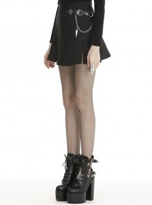 Punk Style Metal Chain Spike Decoration Daily Versatile Wear Black Casual Pleated Mini Skirt