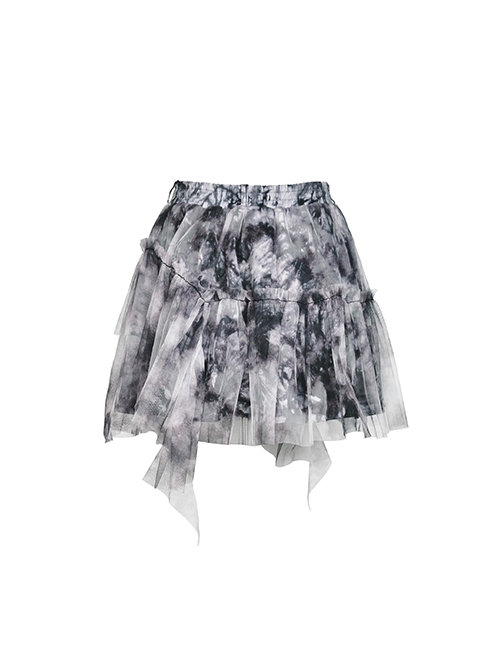Punk Style Irregular Lace Mesh Hem Decadent Black And Gray Dyed Mini Skirt