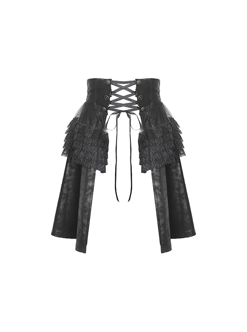 Steampunk Style Retro Bronze Button Lace Stitching Leather Strap Waist Black Layered Overskirt Skirt