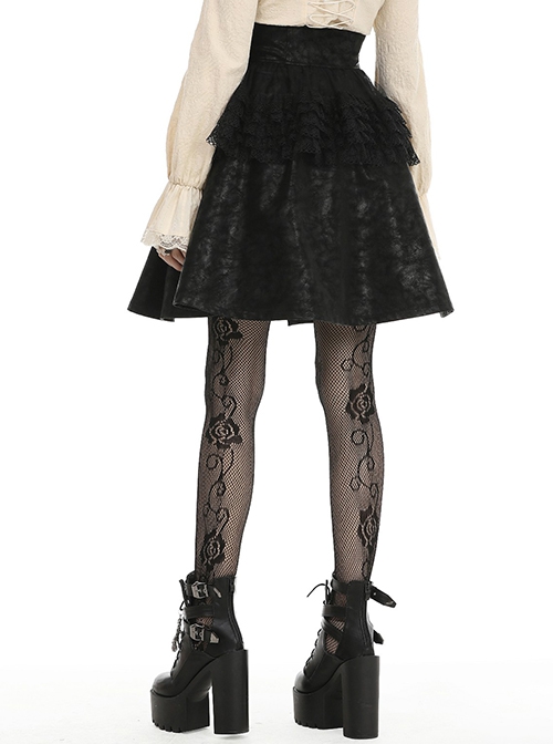 Steampunk Style Retro Bronze Button Lace Stitching Leather Strap Waist Black Layered Overskirt Skirt