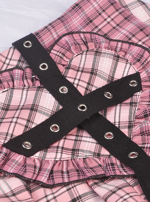 Punk Style Millennial Hottie Heart Shaped Ruffle Metal Eyelet Cross Strap Rock Pink Plaid Skirt