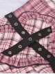 Punk Style Millennial Hottie Heart Shaped Ruffle Metal Eyelet Cross Strap Rock Pink Plaid Skirt