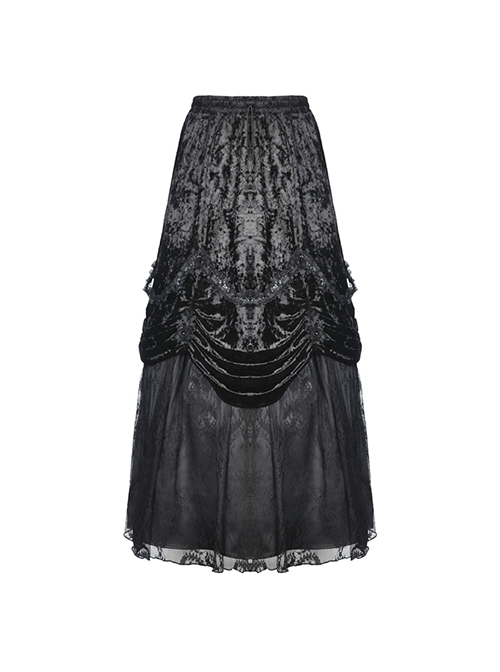 Gothic Style Retro Velvet Lace Spliced Exquisite Three Dimensional Flowers Gorgeous Black Ruffled Long Skirt