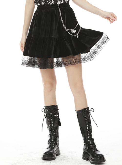 Gothic Style Elegant Velvet Splicing Lace Mesh Hem Daily Simple Black Short Skirt