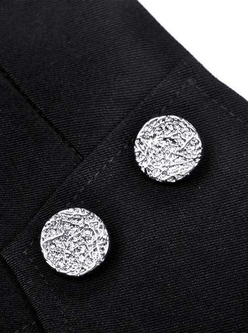 Punk Style Metal Buckle Silver Button Design Long Ribbon Black Asymmetric Mini Skirt