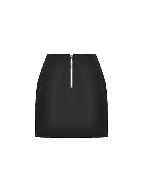 Punk Style Metal Buckle Silver Button Design Long Ribbon Black Asymmetric Mini Skirt