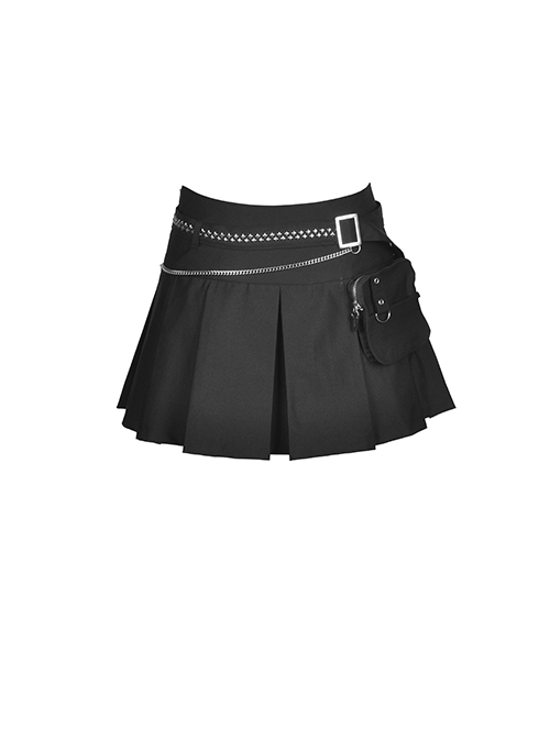 Punk Style Cool Metal Star Rivet Chain Decorative Square Waist Bag Sexy Black Mini Pleated Skirt