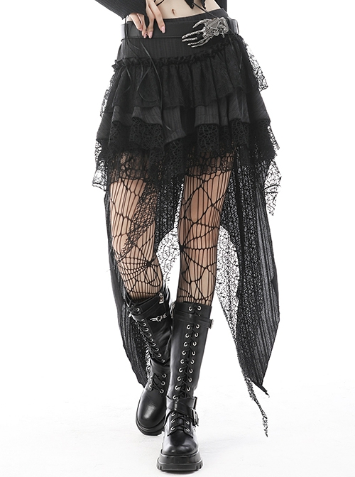 Punk Style Unique High Low Waist Irregular Tailoring Design Long Swallowtail Black Double Layer Lace Skirt
