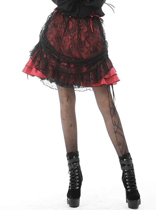 Gothic Style Retro Black Embroidered Lace Cover Cross Ribbon Drawstring Red Sexy Mini Skirt