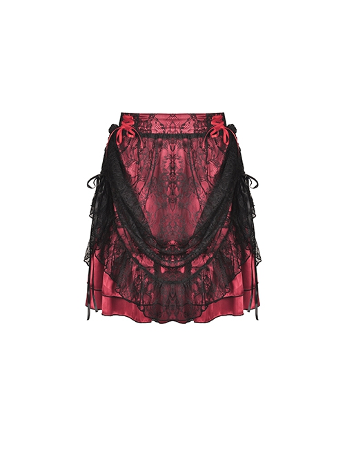 Gothic Style Retro Black Embroidered Lace Cover Cross Ribbon Drawstring Red Sexy Mini Skirt