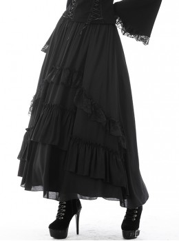 Gothic Style Retro Multi Layered Lace Ruffled Elastic Waistband Drawstring Elegant Black Chiffon Long Skirt