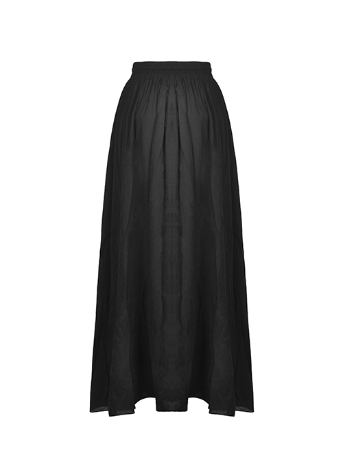 Gothic Style Retro Multi Layered Lace Ruffled Elastic Waistband Drawstring Elegant Black Chiffon Long Skirt