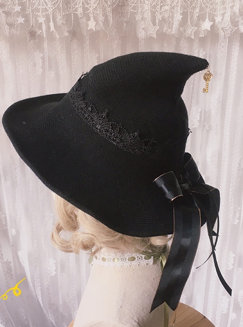 Elegant Versatile Ribbon Bowknot Birdcage Pendant Rose Gothic Lolita Style Knit Steeple Witch Hat