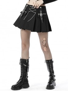 Punk Style Rock Roll Cross Metal Chain Skull Decorated Leather Strap Design Black Pleated Mini Skirt
