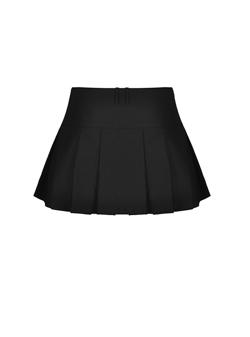 Punk Style Rock Roll Cross Metal Chain Skull Decorated Leather Strap Design Black Pleated Mini Skirt