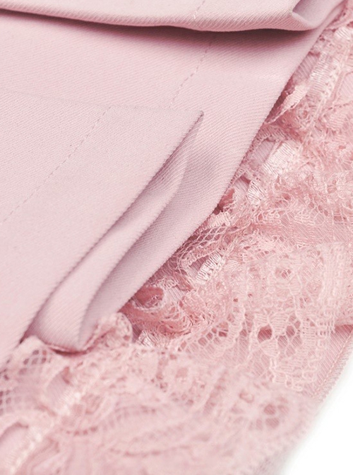 Punk Style Sweet Love Pocket Metal Bear Zip Design Lace Hem Spliced Pink Pleated Mini Skirt