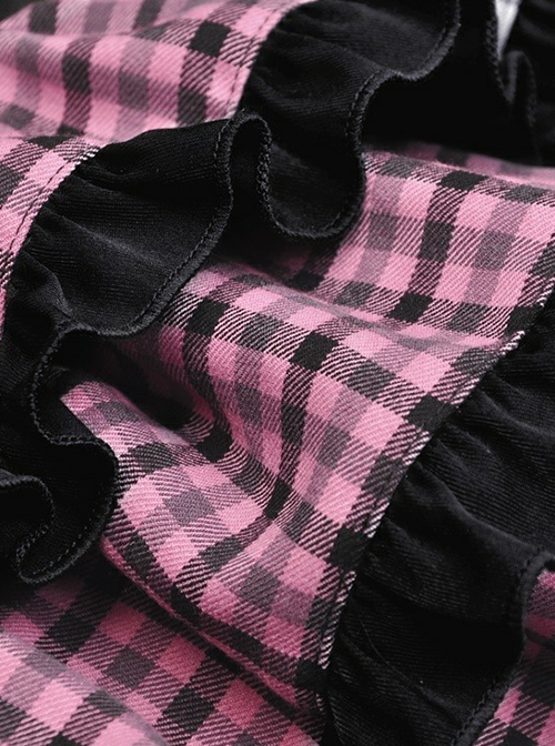 Punk Style Cute Cat Ears Paw Print Design Cascading Ruffles Sweet Black And Pink Plaid Mini Cake Skirt